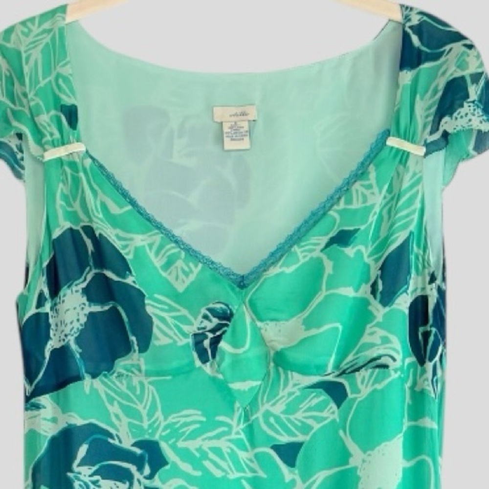 Odille 100% Silk Drop Waist Dress 6 Teal Floral Velvet Lace 90s Y2K Whimsigoth - Picture 6 of 15